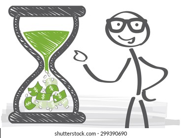 long term investments - vector illustration - Man in glasses beside hourglass filled with money - time is money