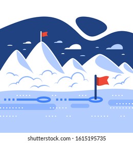 Long term motivation, straight way to success, white mountain range with flags, reach distant future goal, higher achievement, next level gradual progress, summit ascent, vector flat illustration