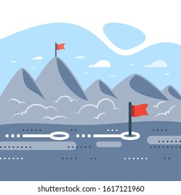 Long term motivation, way to success, mountain range with flags, reach future goal, higher achievement, next level gradual progress, summit ascent, hiking trail, vector flat illustration