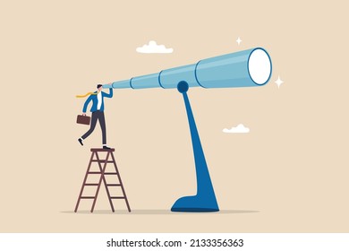 Long term plan or business strategy for far future, looking for opportunity, forecast and visionary, discover long term goal concept, businessman looking through oversized long telescope to see future svg