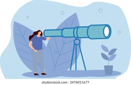 Long term plan or business strategy for far future, looking for opportunity, forecast and visionary, discover long term goal concept, businessman looking through oversized long telescope to see future