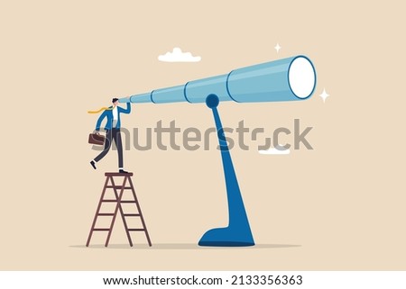 Long term plan or business strategy for far future, looking for opportunity, forecast and visionary, discover long term goal concept, businessman looking through oversized long telescope to see future