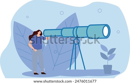 Long term plan or business strategy for far future, looking for opportunity, forecast and visionary, discover long term goal concept, businessman looking through oversized long telescope to see future