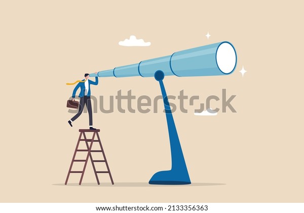 Long term plan or business strategy for far\
future, looking for opportunity, forecast and visionary, discover\
long term goal concept, businessman looking through oversized long\
telescope to see future