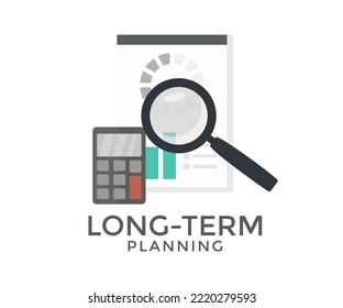 Long term planning form logo design. Business and finance concept, Magnifying glass instrument, Tax audit accounting vector design and illustration.

