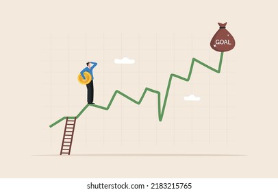 long term profit. Stock market investment strategy goals. DCA, Dollar Cost Averaging.  
asset price soaring or rising up. Businessman or investor stands on an upward arrow chart to make a profit.