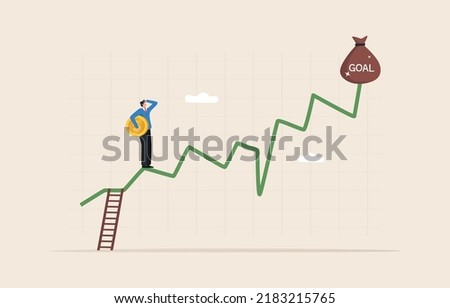 long term profit. Stock market investment strategy goals. DCA, Dollar Cost Averaging.  
asset price soaring or rising up. Businessman or investor stands on an upward arrow chart to make a profit.
