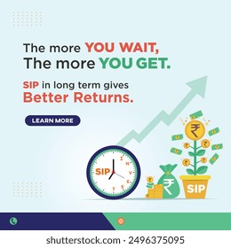  Long Term SIP  Investment Plans, Mutual Funds Creative Social Media, Digital Marketing Post Design Template Vector. Money, Savings, Finance, Profits etc.,