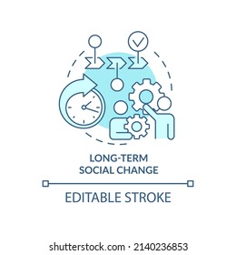 Long Term Social Change Turquoise Concept Icon. Reason For Participation Abstract Idea Thin Line Illustration. Isolated Outline Drawing. Editable Stroke. Arial, Myriad Pro-Bold Fonts Used