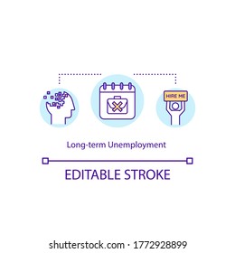 Long term unemployment concept icon. Social issue with lack of work. Labor force trouble. Jobless person idea thin line illustration. Vector isolated outline RGB color drawing. Editable stroke