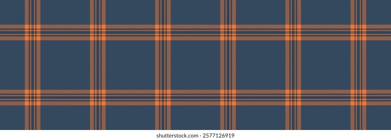 Long textile seamless tartan, knit texture check pattern. Shape vector fabric background plaid in cyan and orange colors palette.