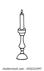 long thin burning candle on a vintage candlestick - hand drawn sketch. A melted burning candle with dripping wax stands on an old-fashioned vintage candlestick