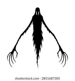 Long Thin Dangling Ghost Banshee Vector Silhouette, Creepy Halloween Wispy Hair Specter Illustration