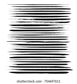 Long and thin texture strokes thick black gouache paint isolated on a white background