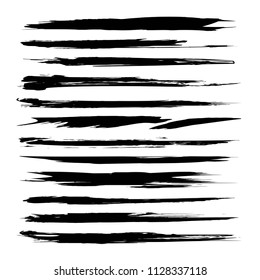 Long thin textured thick black abstract smears set isolated on a white background