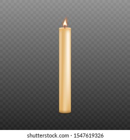Long and thin yellow candle with burning wick and waxy, shiny texture isolated on dark transparent background, votive church candle with realistic fire - vector illustration.