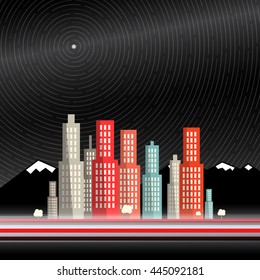 Long Time Exposure. Abstract Vector City with Mountains and Star Trails with North Star on Deep Dark Night Sky. Flat Design Scene with Blurred Motion Cars and Stars.