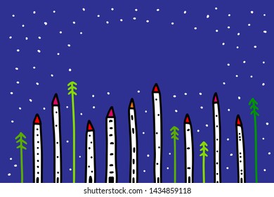 Long tiny houses with pine trees on dark blue font hand drawn vector illustration in cartoon style for christmas postcards new year design