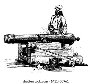 Long Tom is a large cannon placed on naval ships during the American Revolution, vintage line drawing or engraving illustration.
