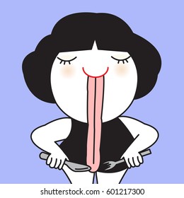 Long Tongue Hungry Girl Waiting For Her Meal, Character illustration