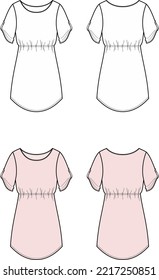 Long top flat sketch. Summer tunic apparel design. Front and back. Women CAD mockup. Fashion technical drawing template. Vector illustration.