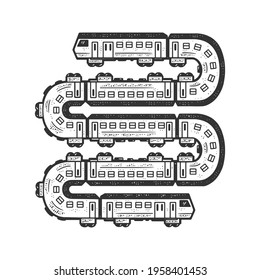 long train like a snake sketch engraving vector illustration. T-shirt apparel print design. Scratch board imitation. Black and white hand drawn image.
