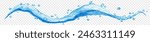 Long translucent curved water wave in light blue color, with small drops, isolated on transparent background. Transparency only in vector file