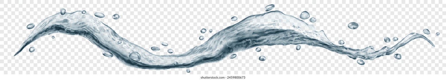 Long translucent curved water wave in gray color, with small drops, isolated on transparent background. Transparency only in vector file