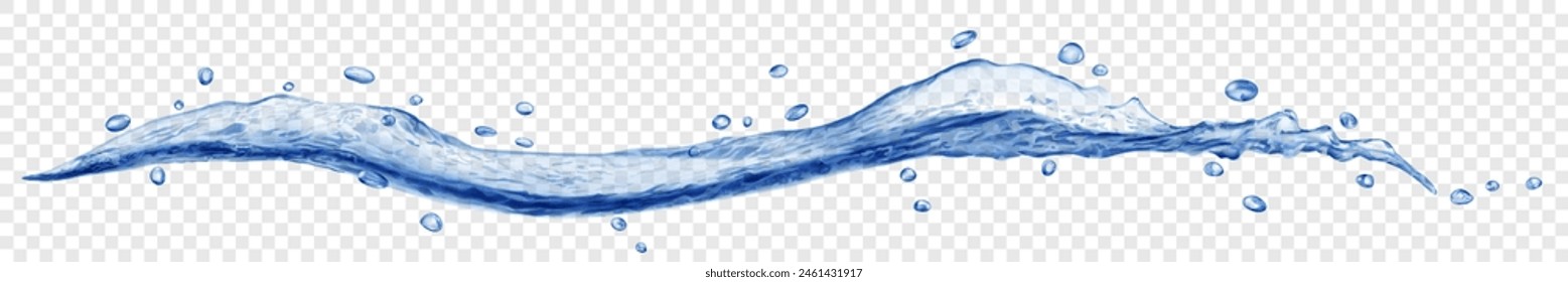 Larga onda de agua translúcida curvada en color azul, con gotas Pequeñas, aislado sobre fondo transparente. Transparencia sólo en el archivo de Vector