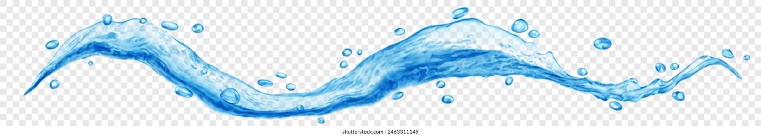 Long translucent curved water wave in light blue color, with small drops, isolated on transparent background. Transparency only in vector file