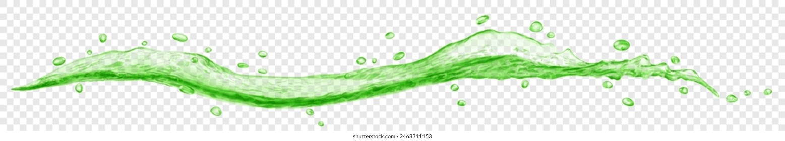 Long translucent curved water wave in green color, with small drops, isolated on transparent background. Transparency only in vector file