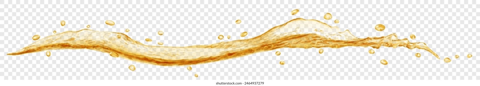 Long translucent curved water wave in yellow color, with small drops, isolated on transparent background. Transparency only in vector file