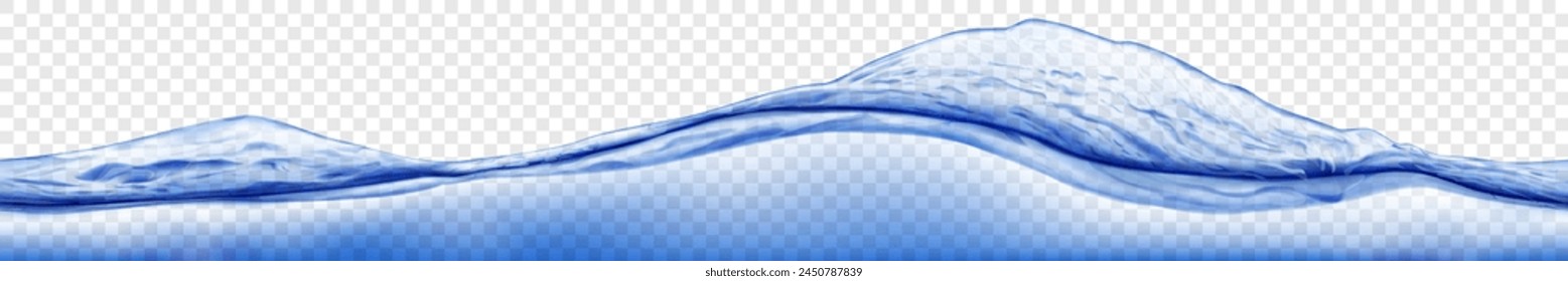 Long translucent water wave above the water column, in blue colors with seamless horizontal repetition, isolated on transparent background. Transparency only in vector file