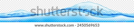 Long translucent water wave above the water column, in light blue colors with seamless horizontal repetition, isolated on transparent background. Transparency only in vector file