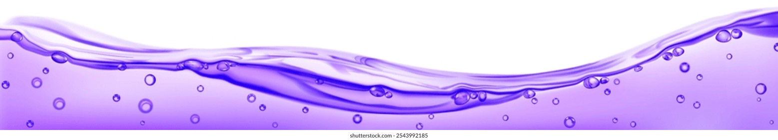 Onda de agua translúcida larga con burbujas de aire, en colores púrpuras, aislados sobre fondo blanco. Transparencia solo en el archivo de Vector