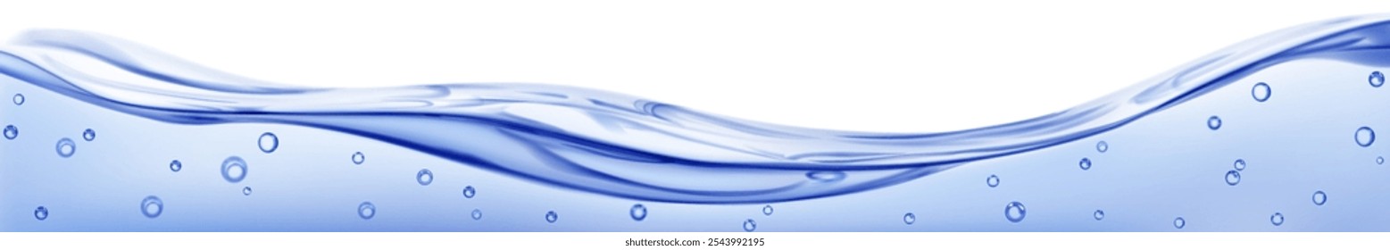 Onda de agua translúcida larga con burbujas de aire, en colores azules, aislados sobre fondo blanco. Transparencia solo en el archivo de Vector