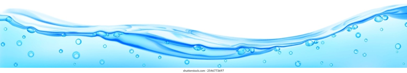 Onda de agua translúcida larga con burbujas de aire, en colores azul claro, aislado en el fondo blanco. Transparencia solo en el archivo de Vector