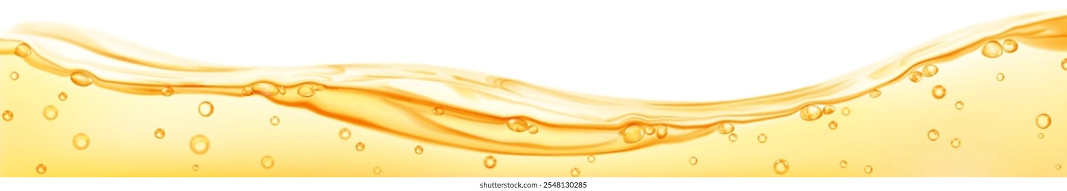 Onda de agua translúcida larga con burbujas de aire, en colores amarillos, aislados sobre fondo blanco. Transparencia solo en el archivo de Vector