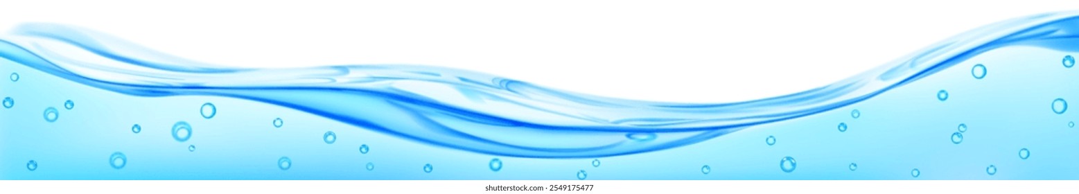 Long translucent water wave with air bubbles, in light blue colors, isolated on white background. Transparency only in vector file