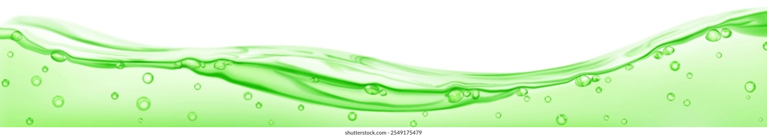 Onda de agua translúcida larga con burbujas de aire, en colores verdes, aislados sobre fondo blanco. Transparencia solo en el archivo de Vector