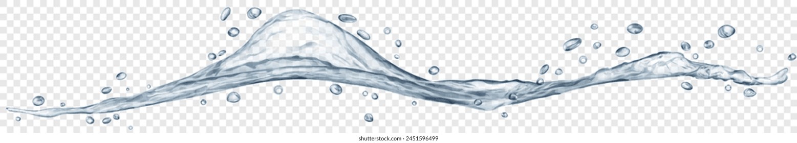 Long translucent water wave with drops, in gray colors, isolated on transparent background. Transparency only in vector file