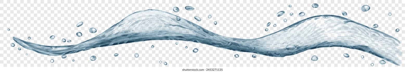 Long translucent water wave or stream with drops, in gray colors, isolated on transparent background. Transparency only in vector file