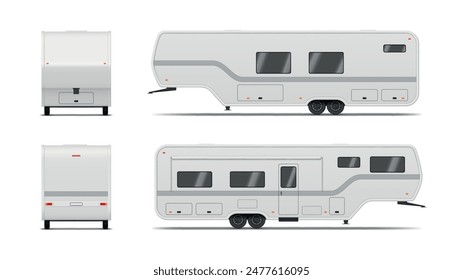 Long travel trailer RV camping caravan front side back view realistic vector illustration. Large white camper for comfortable tourism summer vacation destination holiday route transportation