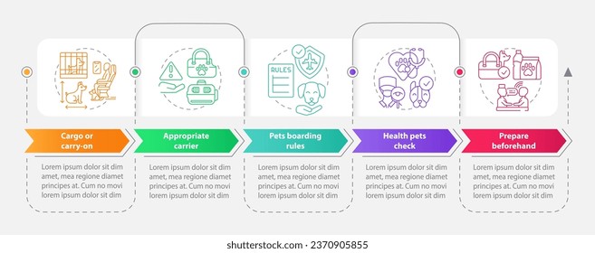 Long traveling with pets tips rectangle infographic template. Data visualization with 5 steps. Editable timeline info chart. Workflow layout with line icons. Myriad Pro-Bold, Regular fonts used