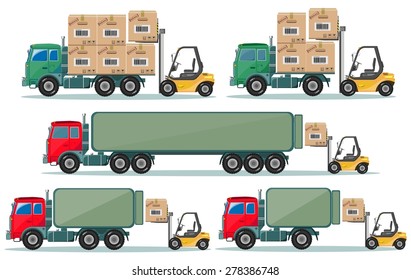 Long truck picked products from the factory to the warehouse and rides. Stock Vector illustration.