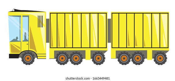 Long truck or road train with trailers and cab isolated on a white background for design. Flat single vector stock illustration with a load-carrying machine as an industrial transport concept