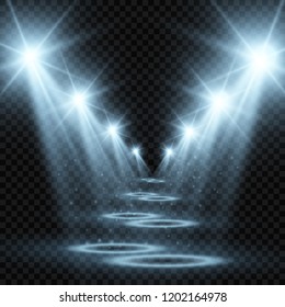 Long tunnel Lighting effect. Spotlights on stage with about light. Vector illustration