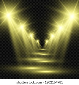 Long tunnel Lighting effect. Spotlights on stage with about light. Vector illustration