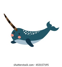 Long tusk Narwhal whale animal cartoon character isolated on white background.