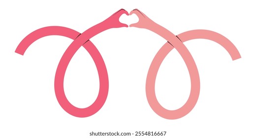 Long twisted pink hands forming a heart shape with fingers, concept of love, care and support. hand drawn isolated vector illustration